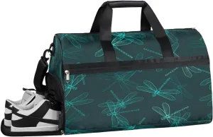 Dragonfly Indigo Green Sports Gym Bag for Women and Men Travel Duffel Bag Overnight Shoulder Bag Waterproof Workout Bag Portable Sports Tote with Shoes Compartment