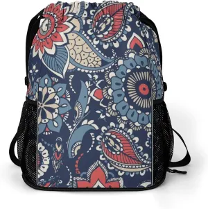 Drawstring Backpack Bag Compatible with Floral Paisley Flowers Navy Blue Sports Gym Bag Large Capacity Sackpack with Zipper Pocket and Shoes Compartment for Men Women