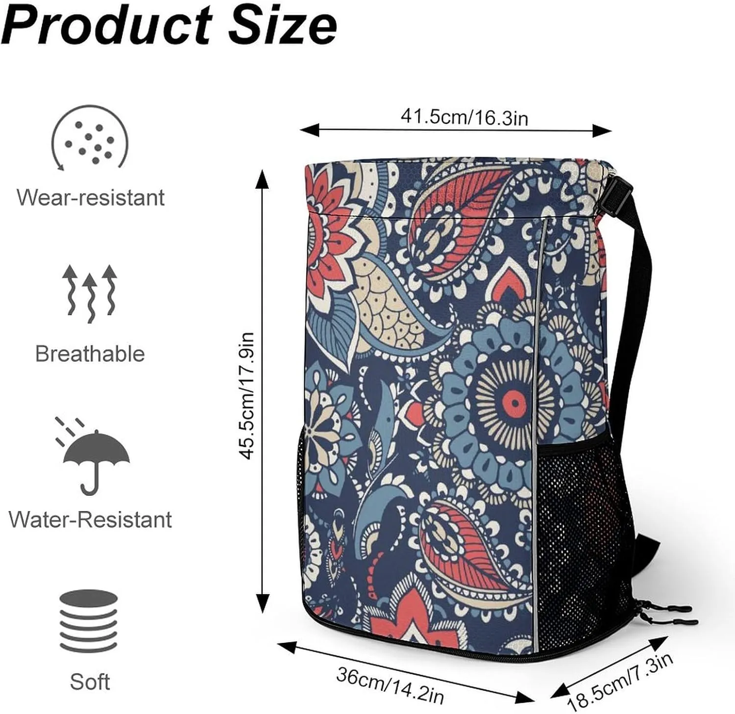 Drawstring Backpack Bag Compatible with Floral Paisley Flowers Navy Blue Sports Gym Bag Large Capacity Sackpack with Zipper Pocket and Shoes Compartment for Men Women