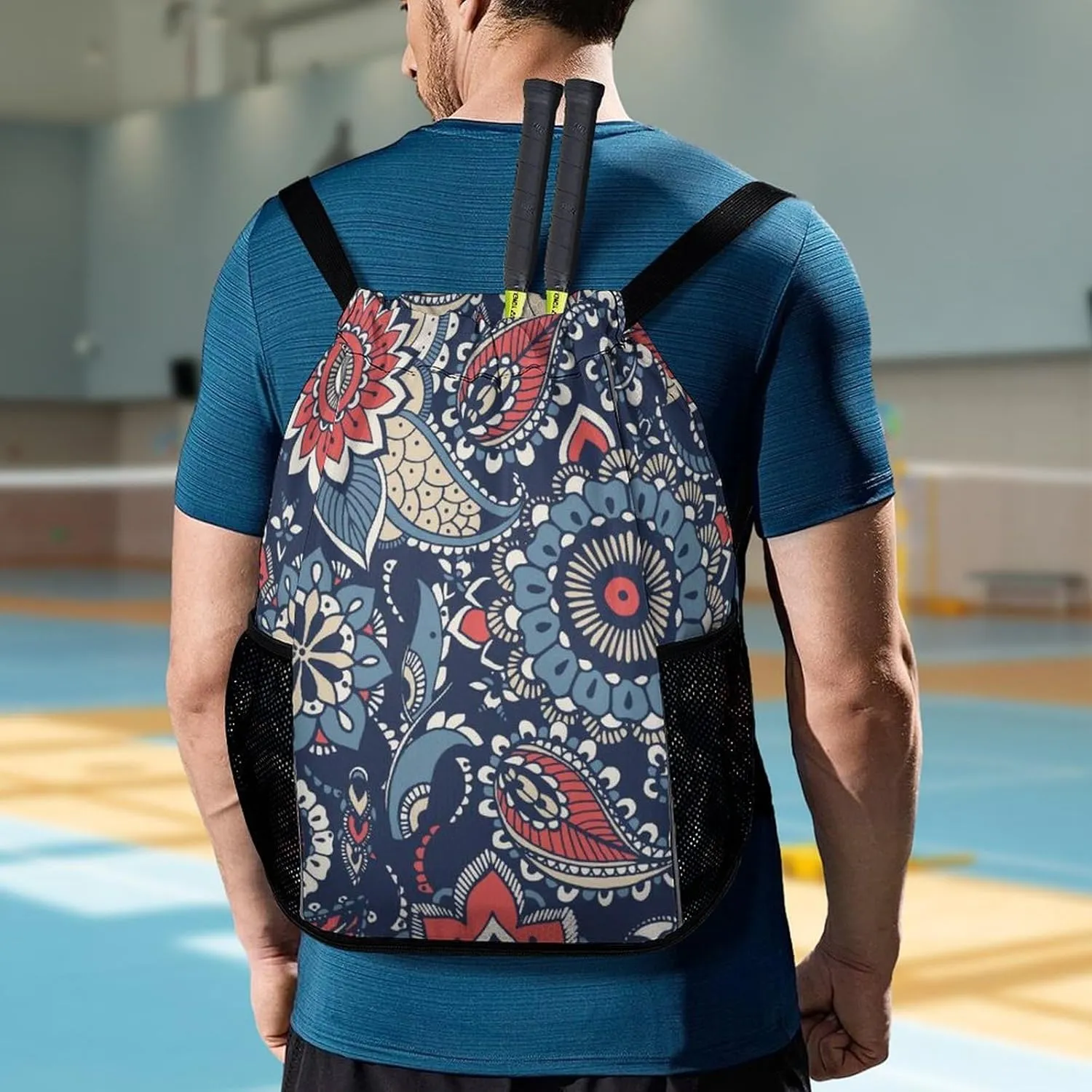 Drawstring Backpack Bag Compatible with Floral Paisley Flowers Navy Blue Sports Gym Bag Large Capacity Sackpack with Zipper Pocket and Shoes Compartment for Men Women