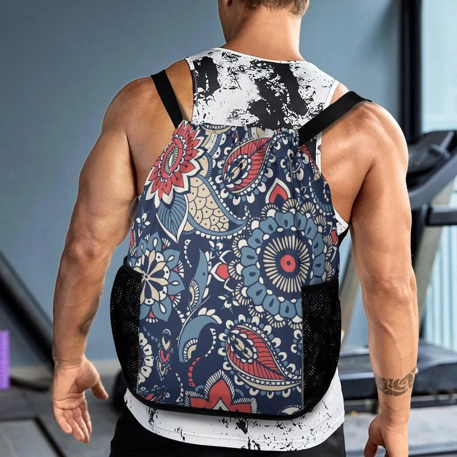 Drawstring Backpack Bag Compatible with Floral Paisley Flowers Navy Blue Sports Gym Bag Large Capacity Sackpack with Zipper Pocket and Shoes Compartment for Men Women