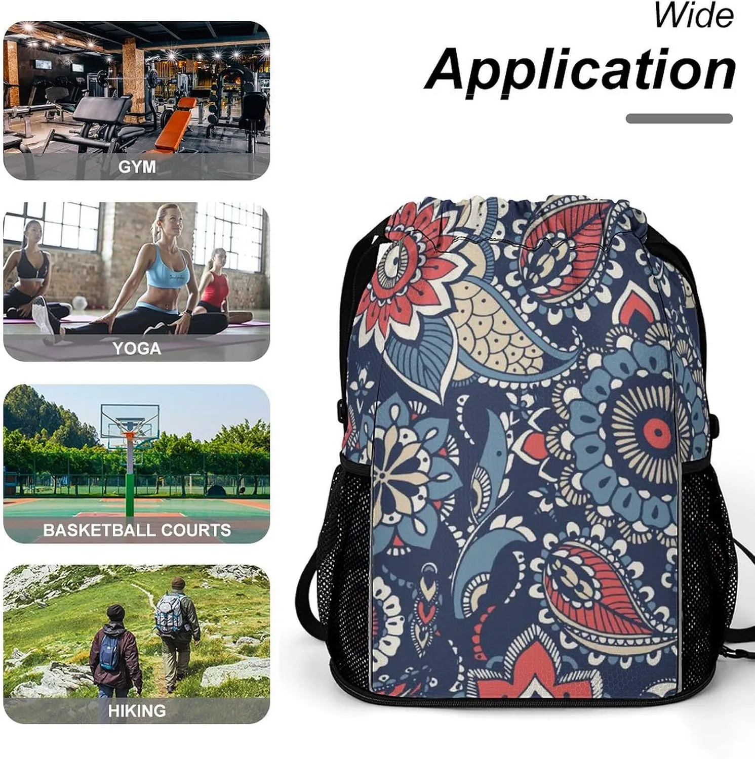 Drawstring Backpack Bag Compatible with Floral Paisley Flowers Navy Blue Sports Gym Bag Large Capacity Sackpack with Zipper Pocket and Shoes Compartment for Men Women