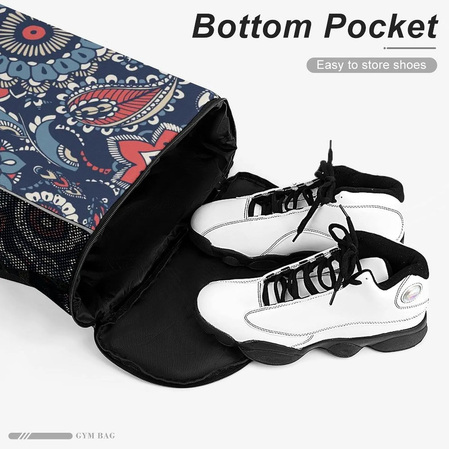 Drawstring Backpack Bag Compatible with Floral Paisley Flowers Navy Blue Sports Gym Bag Large Capacity Sackpack with Zipper Pocket and Shoes Compartment for Men Women