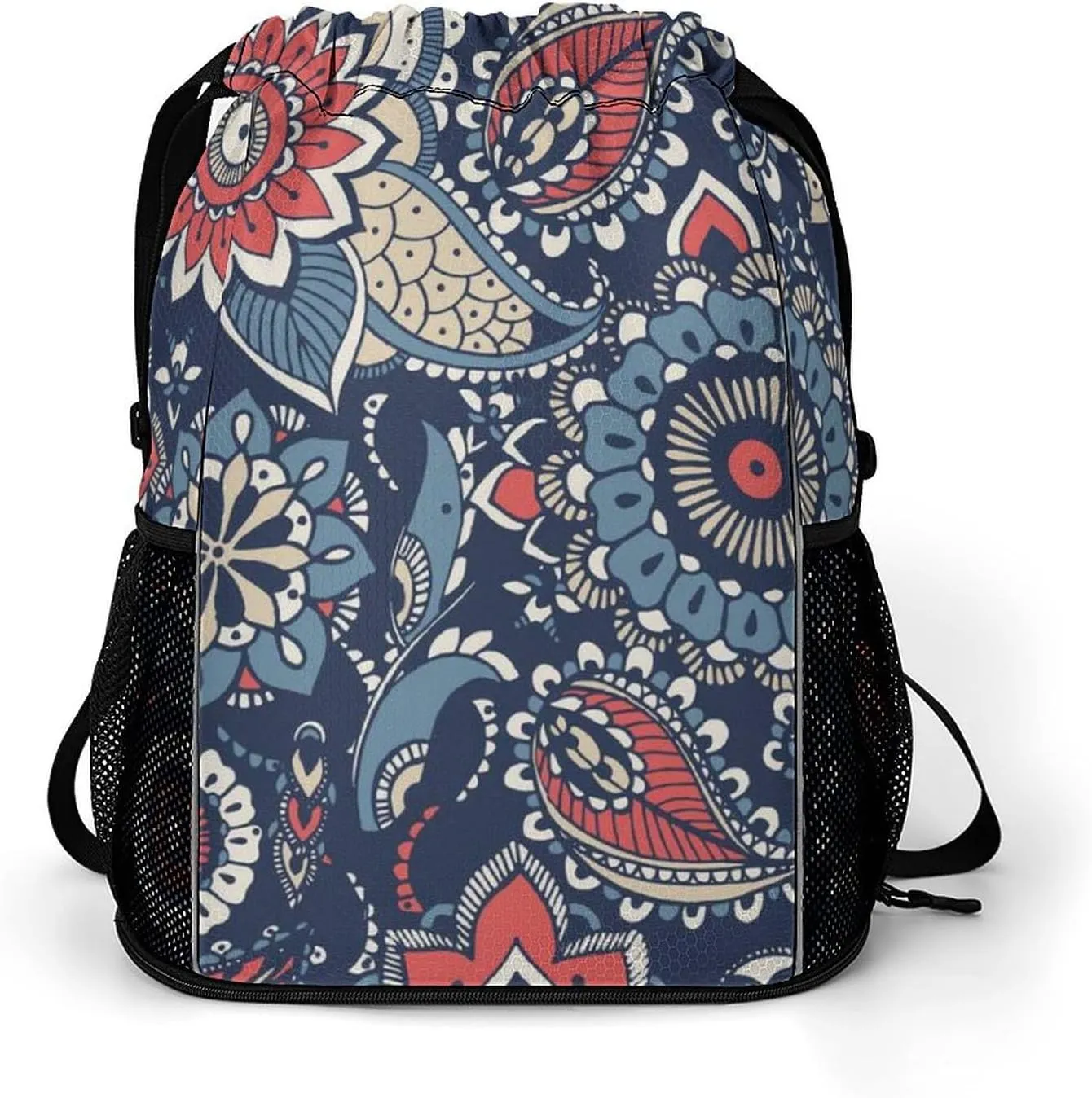 Drawstring Backpack Bag Compatible with Floral Paisley Flowers Navy Blue Sports Gym Bag Large Capacity Sackpack with Zipper Pocket and Shoes Compartment for Men Women