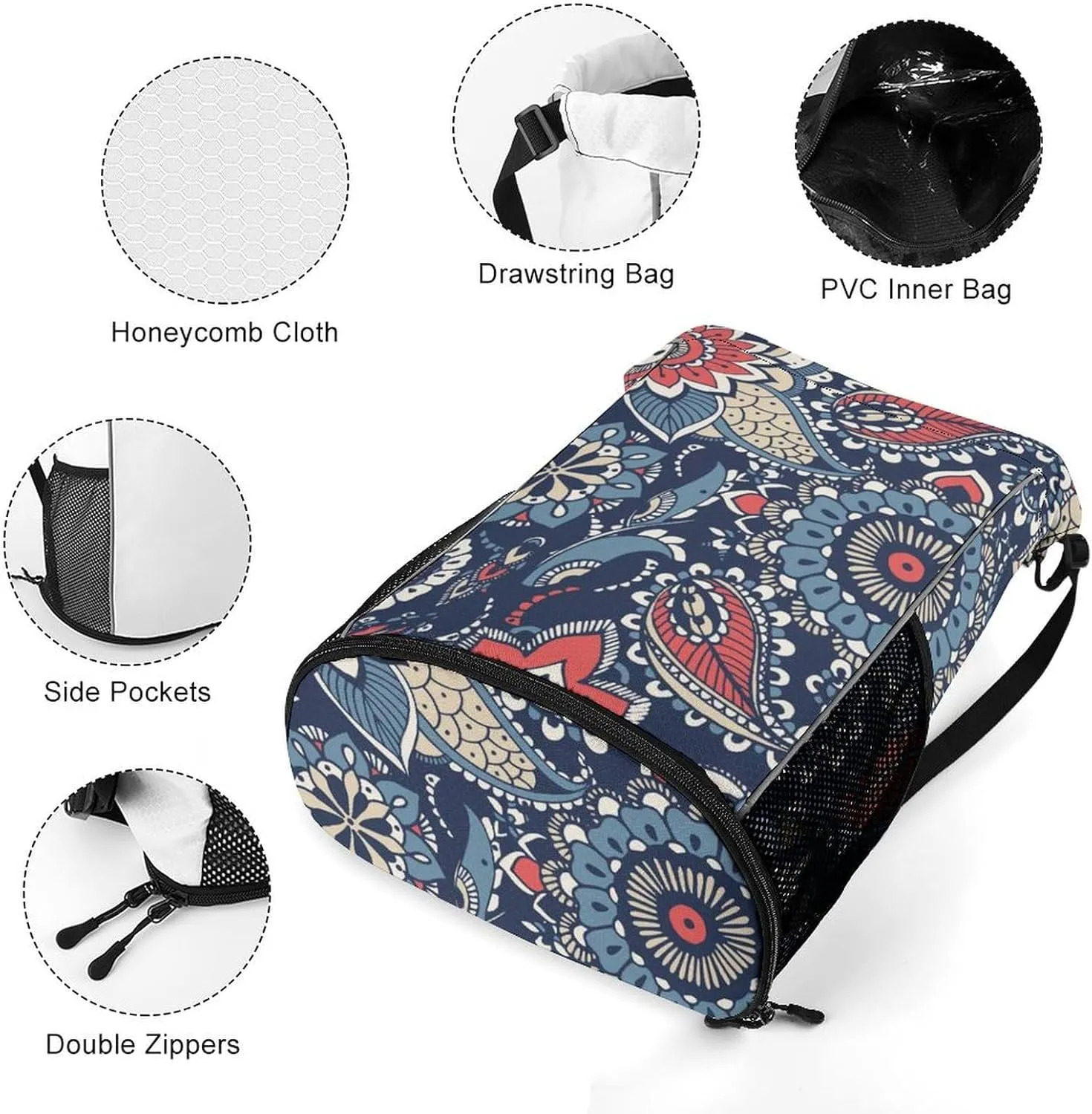 Drawstring Backpack Bag Compatible with Floral Paisley Flowers Navy Blue Sports Gym Bag Large Capacity Sackpack with Zipper Pocket and Shoes Compartment for Men Women