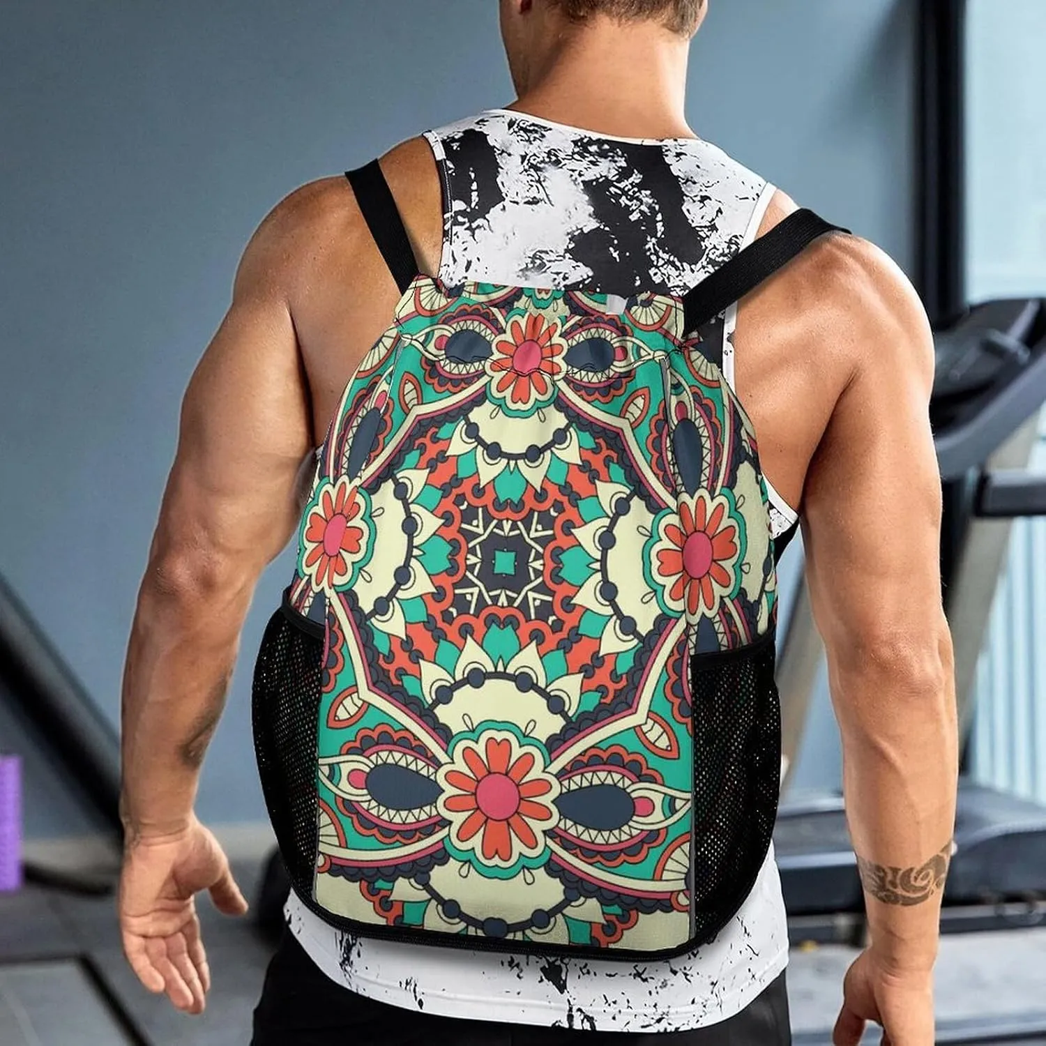 Drawstring Backpack Bag Compatible with Traditional Floral Paisley Bandanna Pattern Sports Gym Bag Large Capacity Sackpack with Zipper Pocket and Shoes Compartment for Men Women