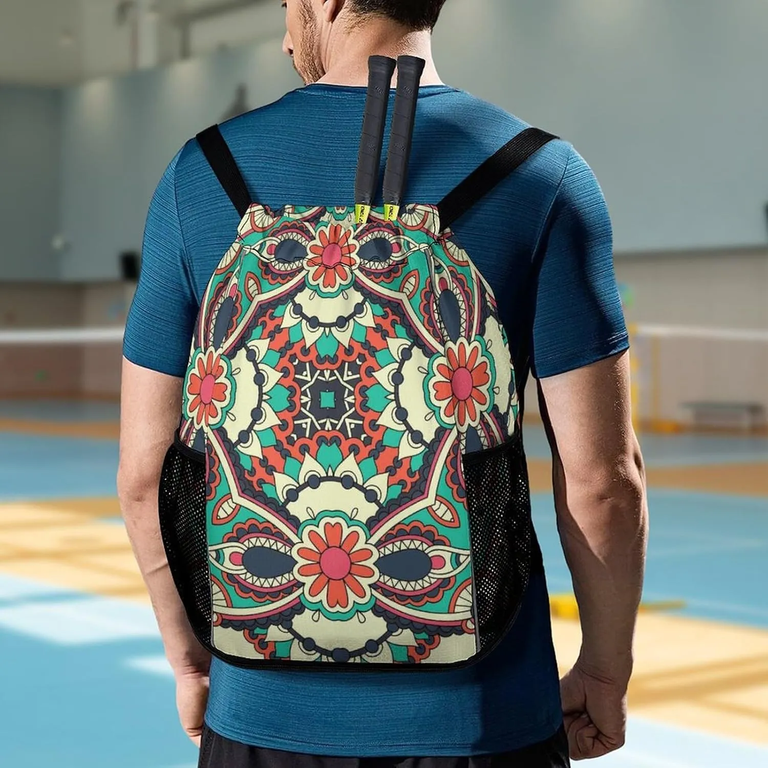 Drawstring Backpack Bag Compatible with Traditional Floral Paisley Bandanna Pattern Sports Gym Bag Large Capacity Sackpack with Zipper Pocket and Shoes Compartment for Men Women