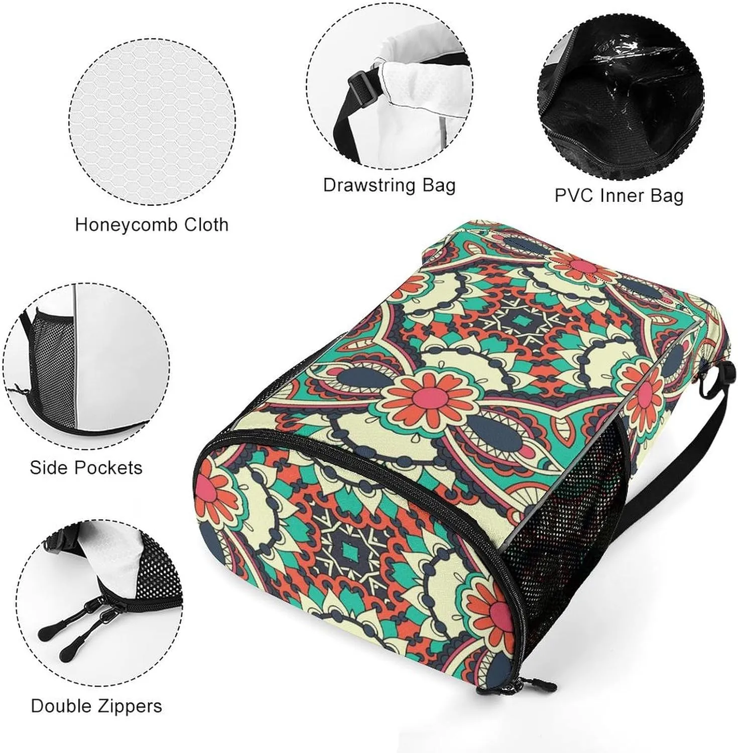 Drawstring Backpack Bag Compatible with Traditional Floral Paisley Bandanna Pattern Sports Gym Bag Large Capacity Sackpack with Zipper Pocket and Shoes Compartment for Men Women