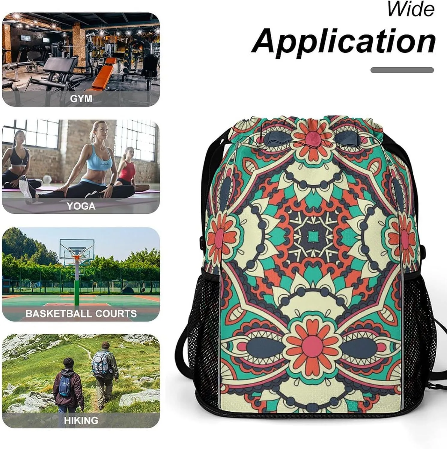 Drawstring Backpack Bag Compatible with Traditional Floral Paisley Bandanna Pattern Sports Gym Bag Large Capacity Sackpack with Zipper Pocket and Shoes Compartment for Men Women