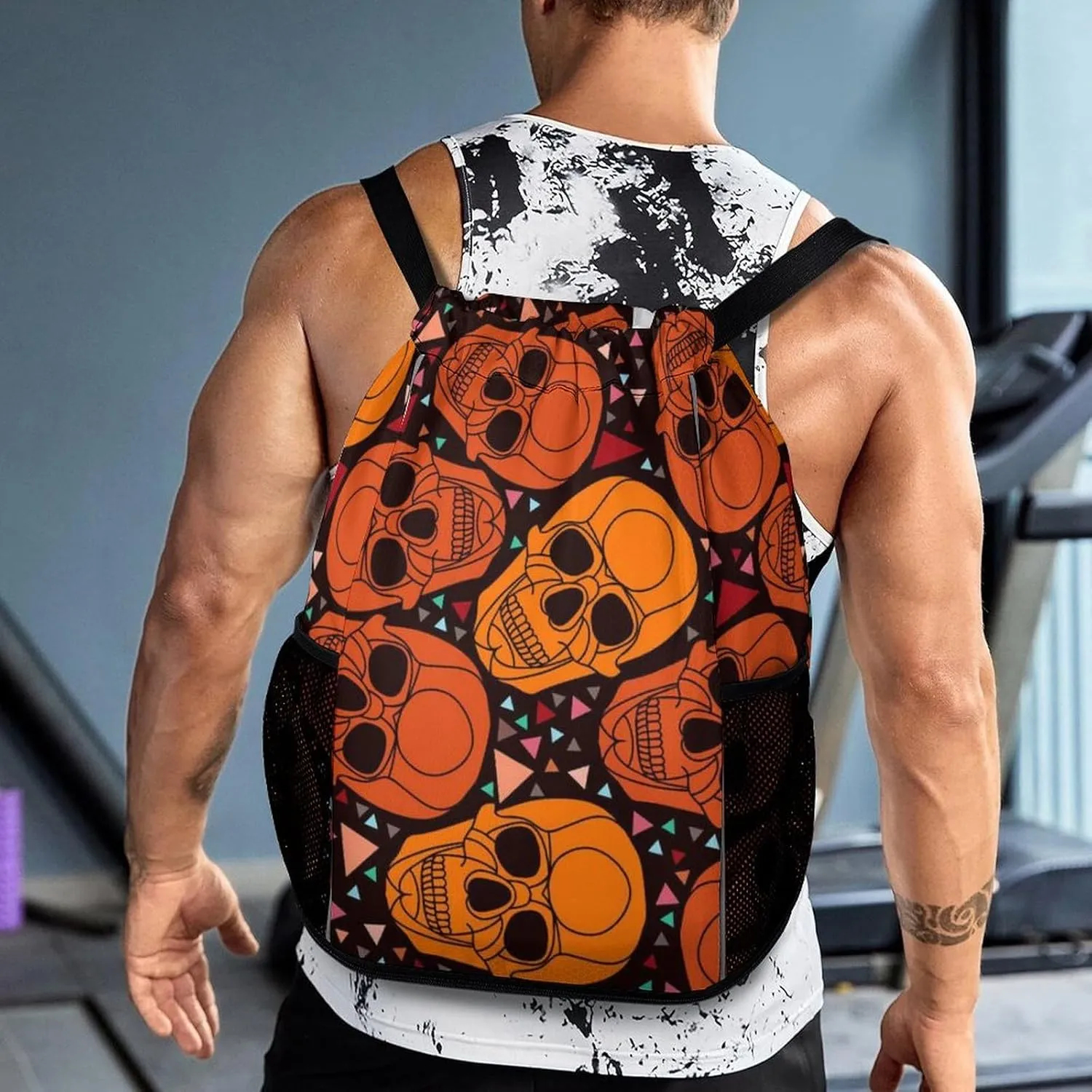 Drawstring Backpack Bag Compatible with White Background With Skulls Sports Gym Bag Large Capacity Sackpack with Zipper Pocket and Shoes Compartment for Men Women
