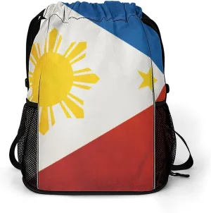 Drawstring Backpack Compatible with Flag Of The Philippines String Bag Sports Sackpack Outdoor Fitness Gym Sack with Zipper Pocket and Shoes Compartment for Men Women