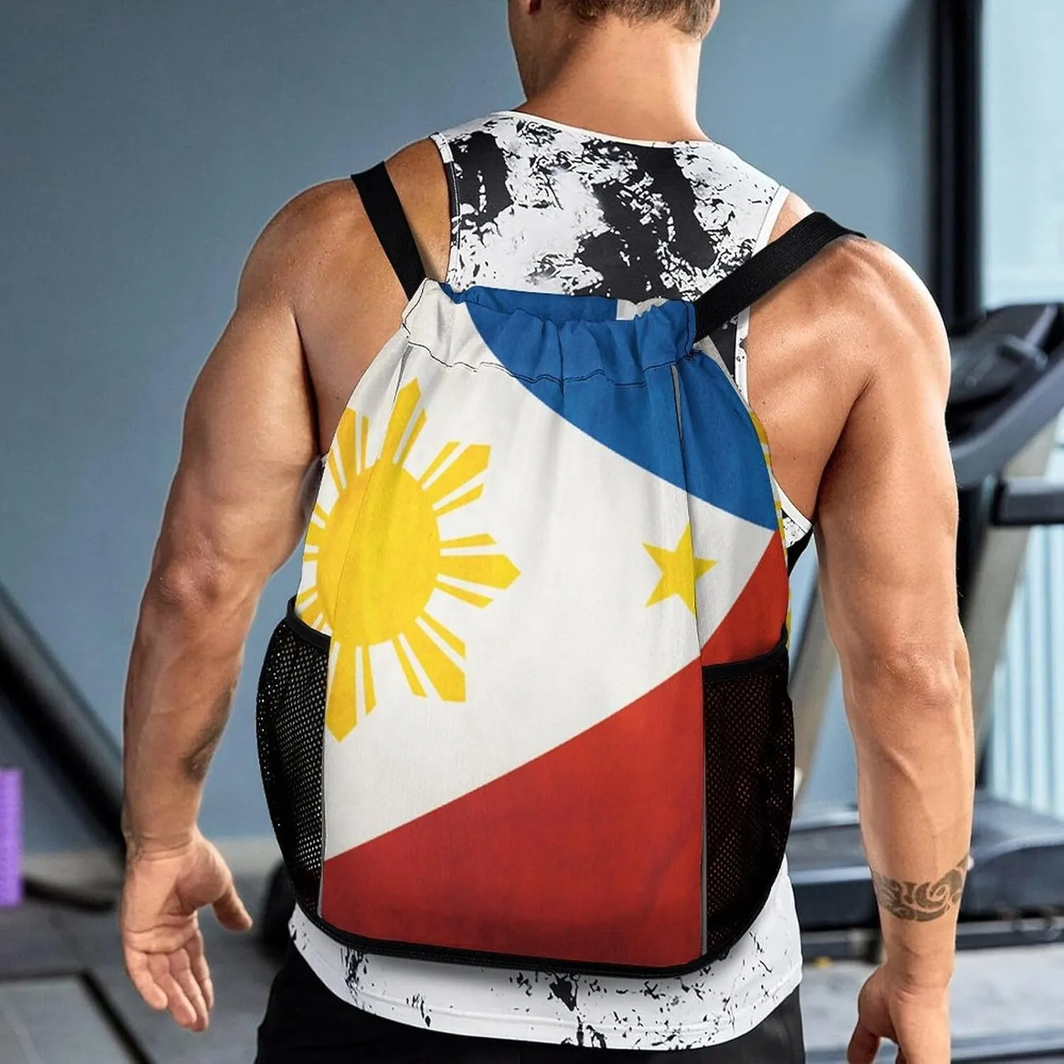 Drawstring Backpack Compatible with Flag Of The Philippines String Bag Sports Sackpack Outdoor Fitness Gym Sack with Zipper Pocket and Shoes Compartment for Men Women
