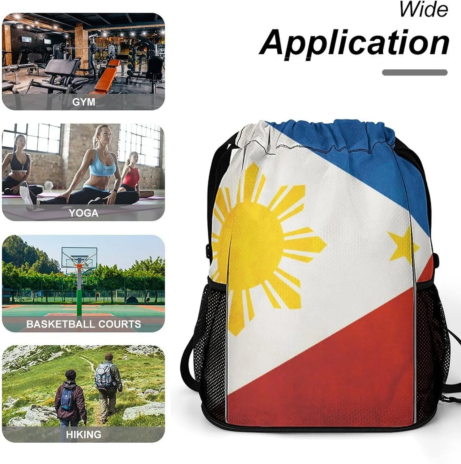 Drawstring Backpack Compatible with Flag Of The Philippines String Bag Sports Sackpack Outdoor Fitness Gym Sack with Zipper Pocket and Shoes Compartment for Men Women