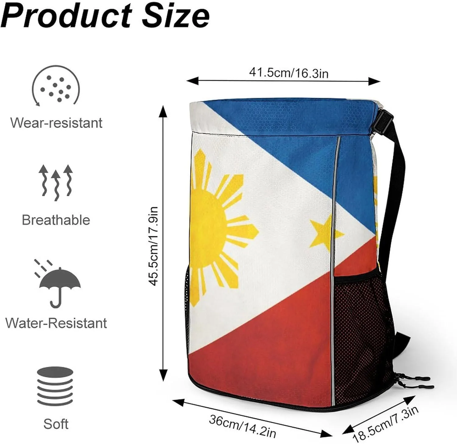 Drawstring Backpack Compatible with Flag Of The Philippines String Bag Sports Sackpack Outdoor Fitness Gym Sack with Zipper Pocket and Shoes Compartment for Men Women