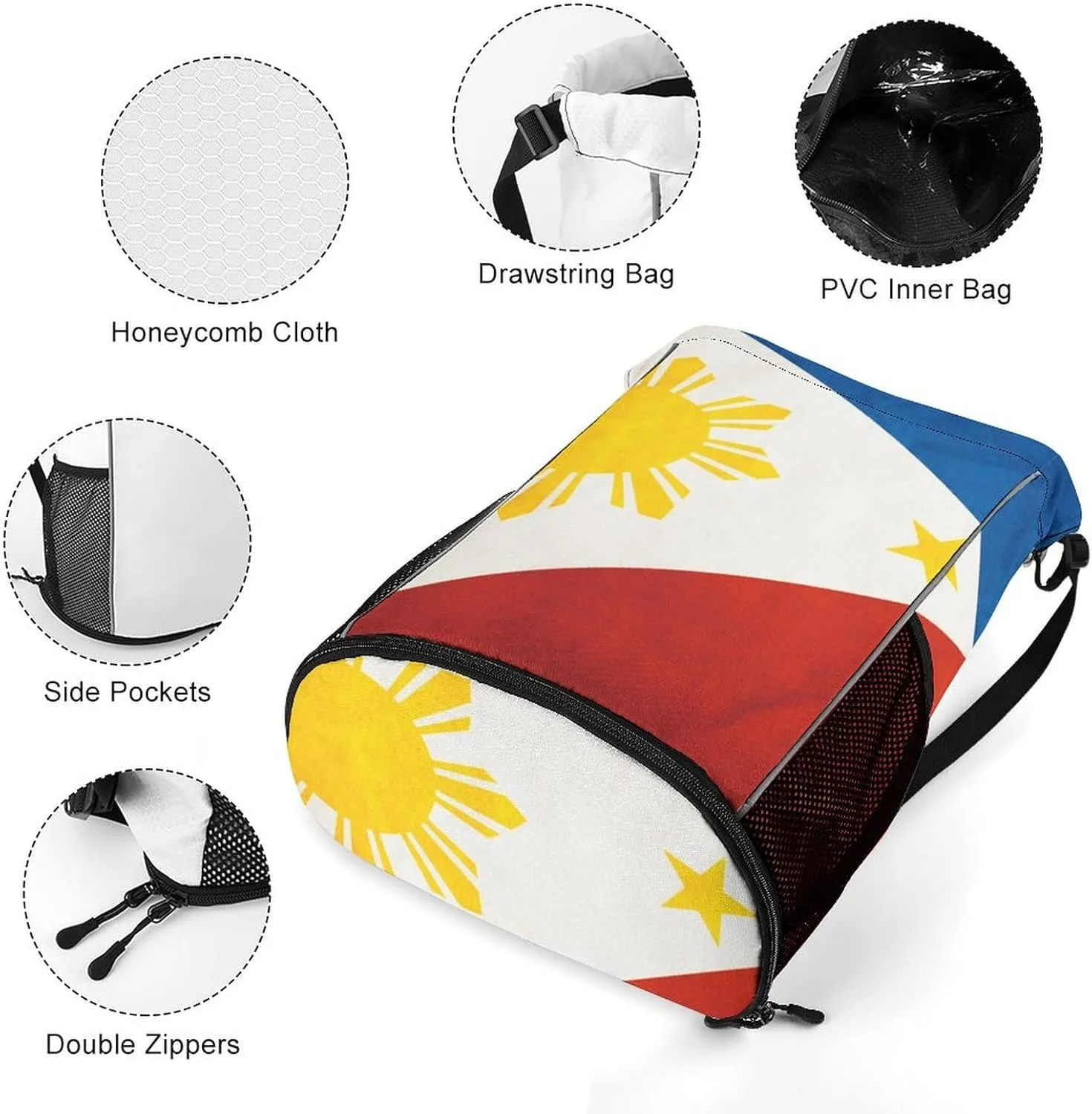 Drawstring Backpack Compatible with Flag Of The Philippines String Bag Sports Sackpack Outdoor Fitness Gym Sack with Zipper Pocket and Shoes Compartment for Men Women