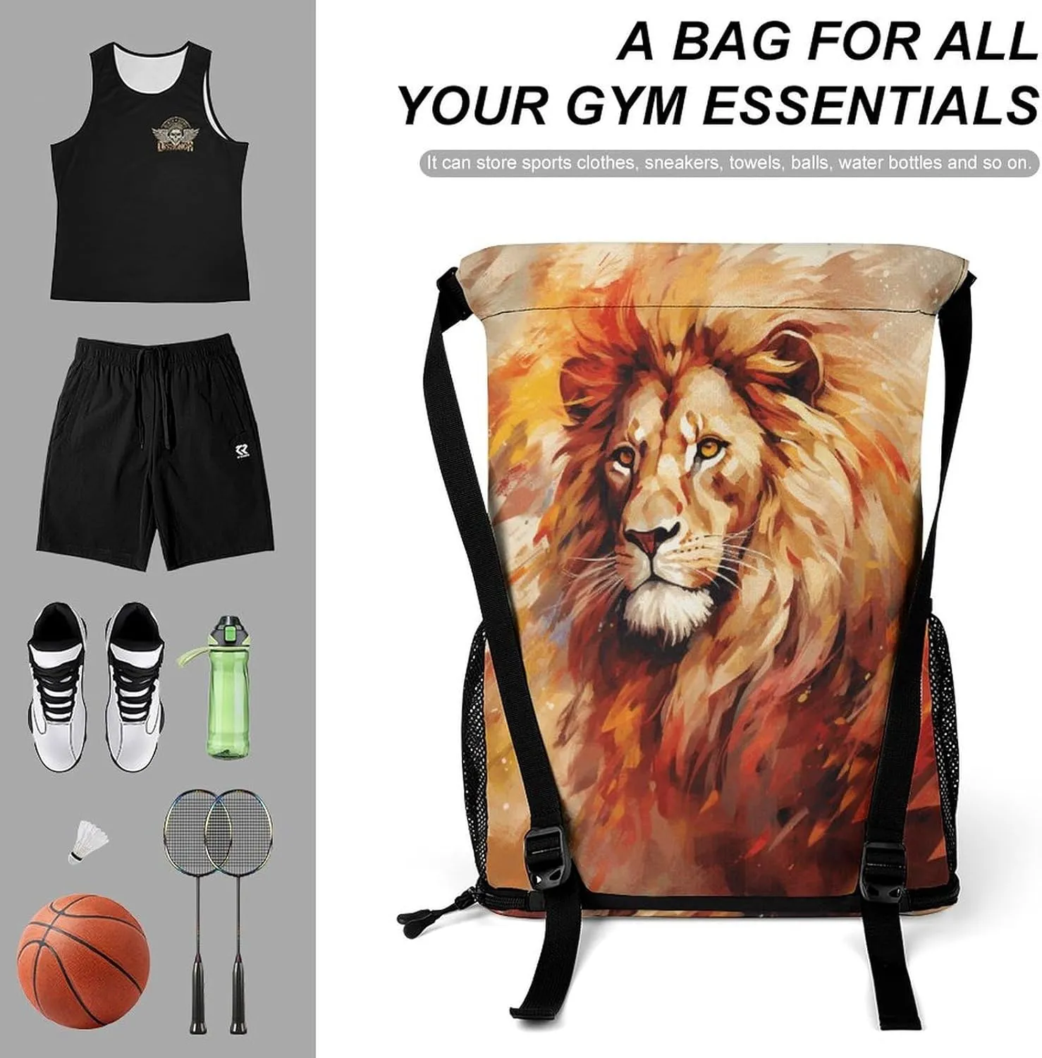 Drawstring Backpack,Animal Hand Drawing Printed Drawstring Bags,String Backpack with Shoes Compartment And Wet Proof Pocket,Small Sports Gym Cinch Bags for Women & Men