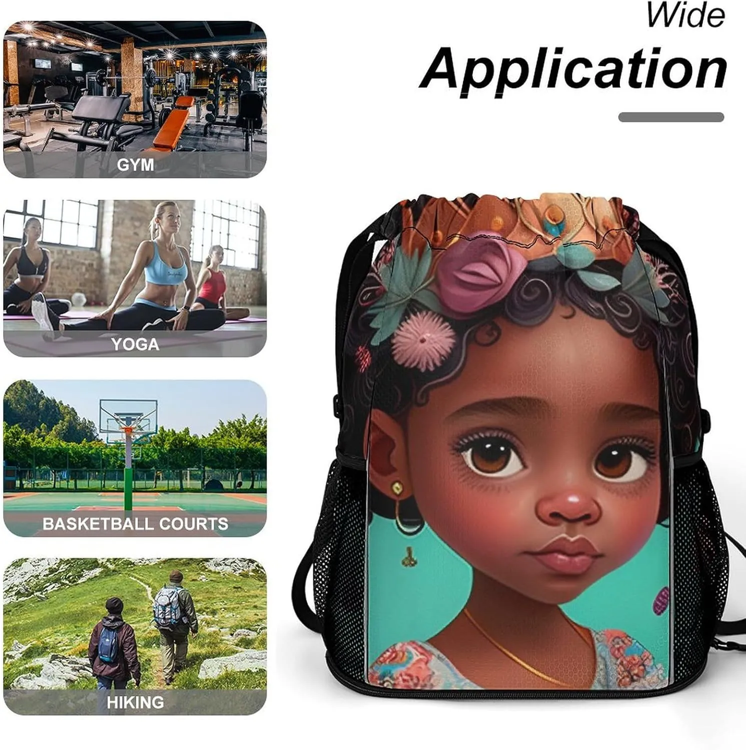Drawstrings Backpacks Bags for Men Women Compatible with African American Black Women Princess Flowers Gym Drawstrings Bag Large Capacity String Backpack with Shoes Compartment