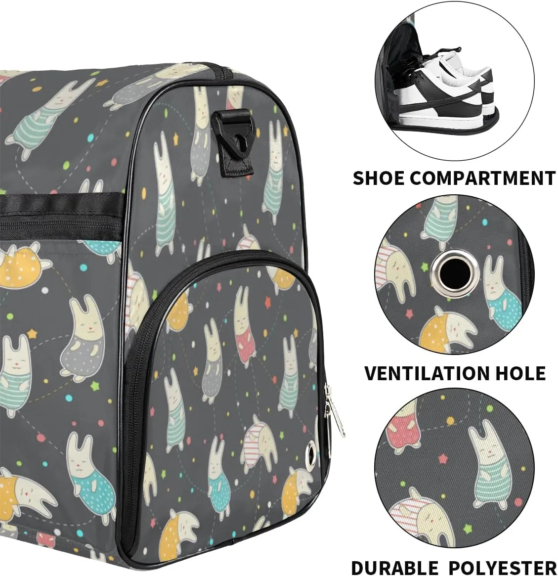 Easter Bunny Sports Gym Bag for Women Men Travel Duffel Bag with Wet Pocket & Shoes Compartment Waterproof Weekender Overnight Tote Carry on Bag Lightweight