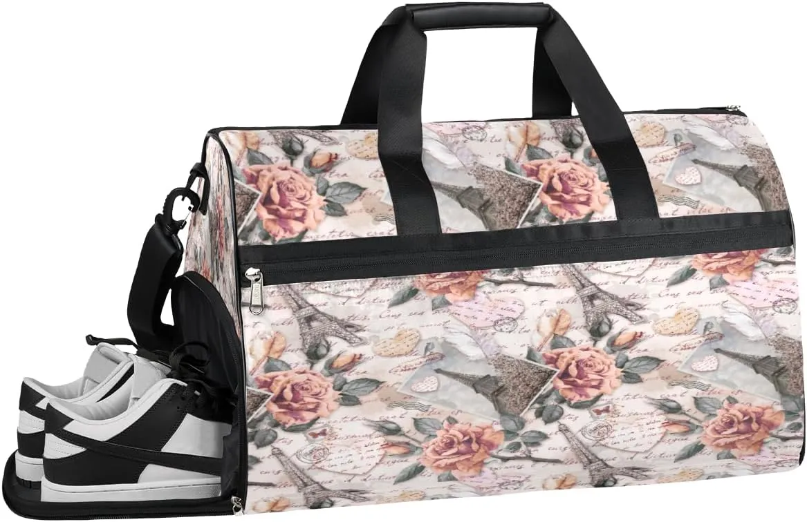 Eiffel Tower Flower Resistant Sports Gym Bag for Women Men Travel Duffel bag with Wet Pocket & Shoes Compartment Waterproof Weekender Bag 19.7"x9.9"x13"