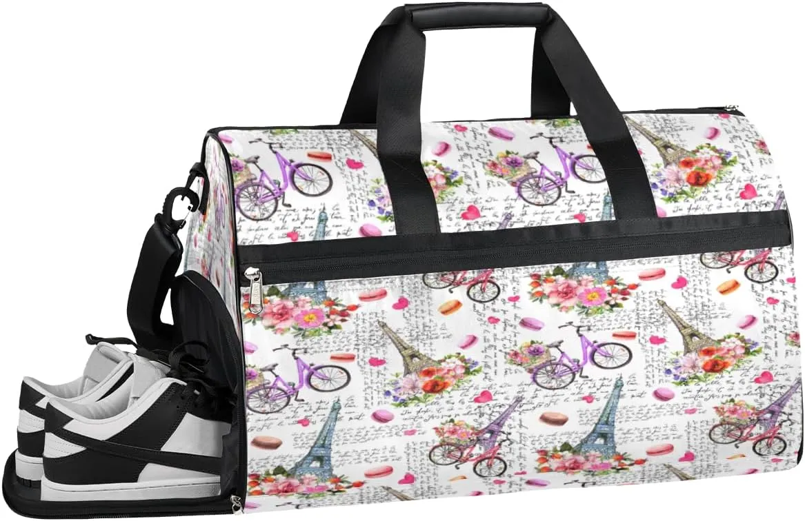 Eiffel Tower Pattern Sports Gym Bag with Wet Pocket & Shoes Compartment Waterproof Workout Duffel Bag for Women and Men Weekender Overnight Duffle Bag Travel Carry-on Tote