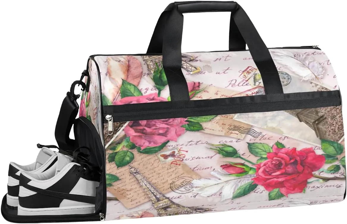 Eiffel Tower Rose Flowers Resistant Sports Gym Bag for Women Men Travel Duffel bag with Wet Pocket & Shoes Compartment Waterproof Weekender Bag 19.7"x9.9"x13"