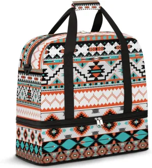 Ethnic Aztec Geometric Pattern Foldable Travel Duffel Bag Tote Carry on Luggage Sport Duffle for Women Men Gym Bag Overnight Weekender Bags with Shoe Compartments and Shoulder Strap