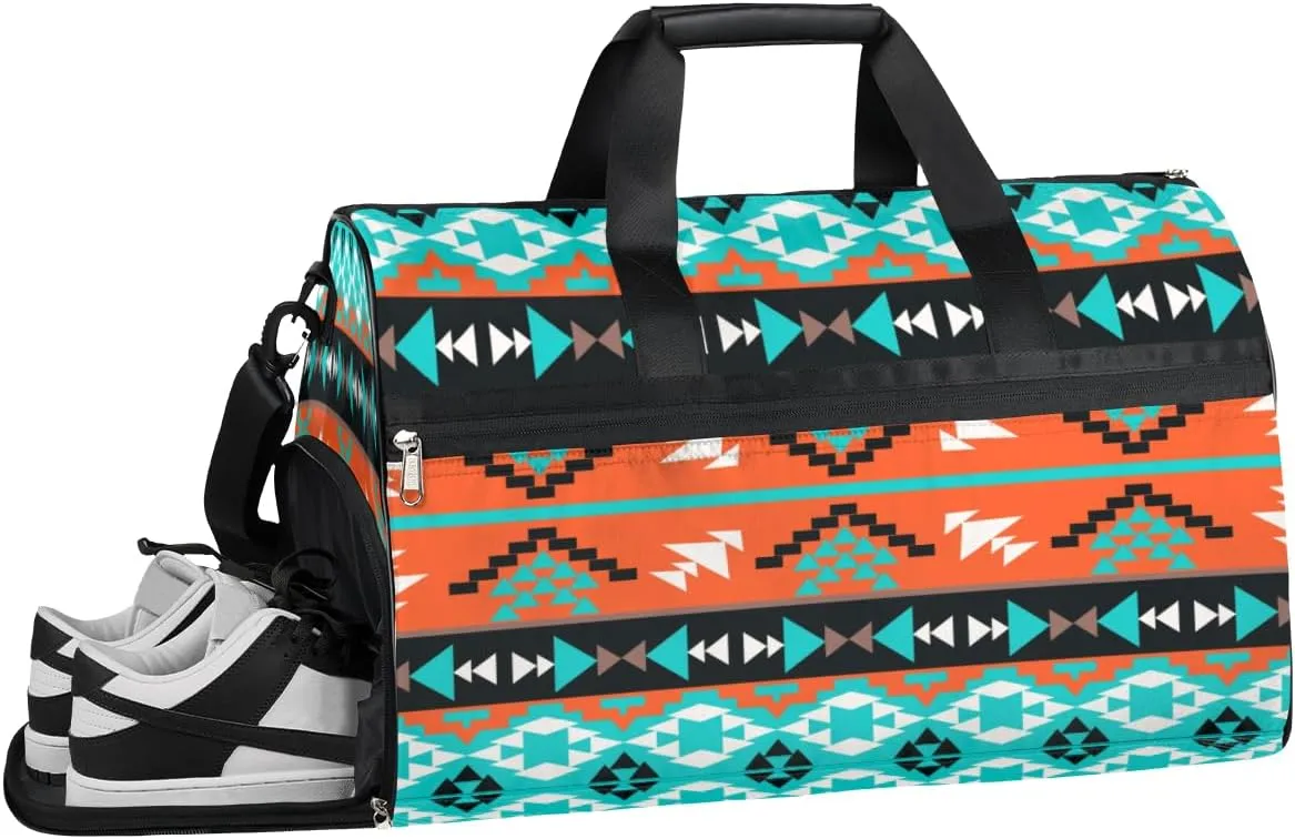 Ethnic Aztec Geometric Sports Gym Bag with Wet Pocket & Shoes Compartment Waterproof Workout Duffel Bag for Women and Men Weekender Overnight Duffle Bag Travel Carry-on Tote