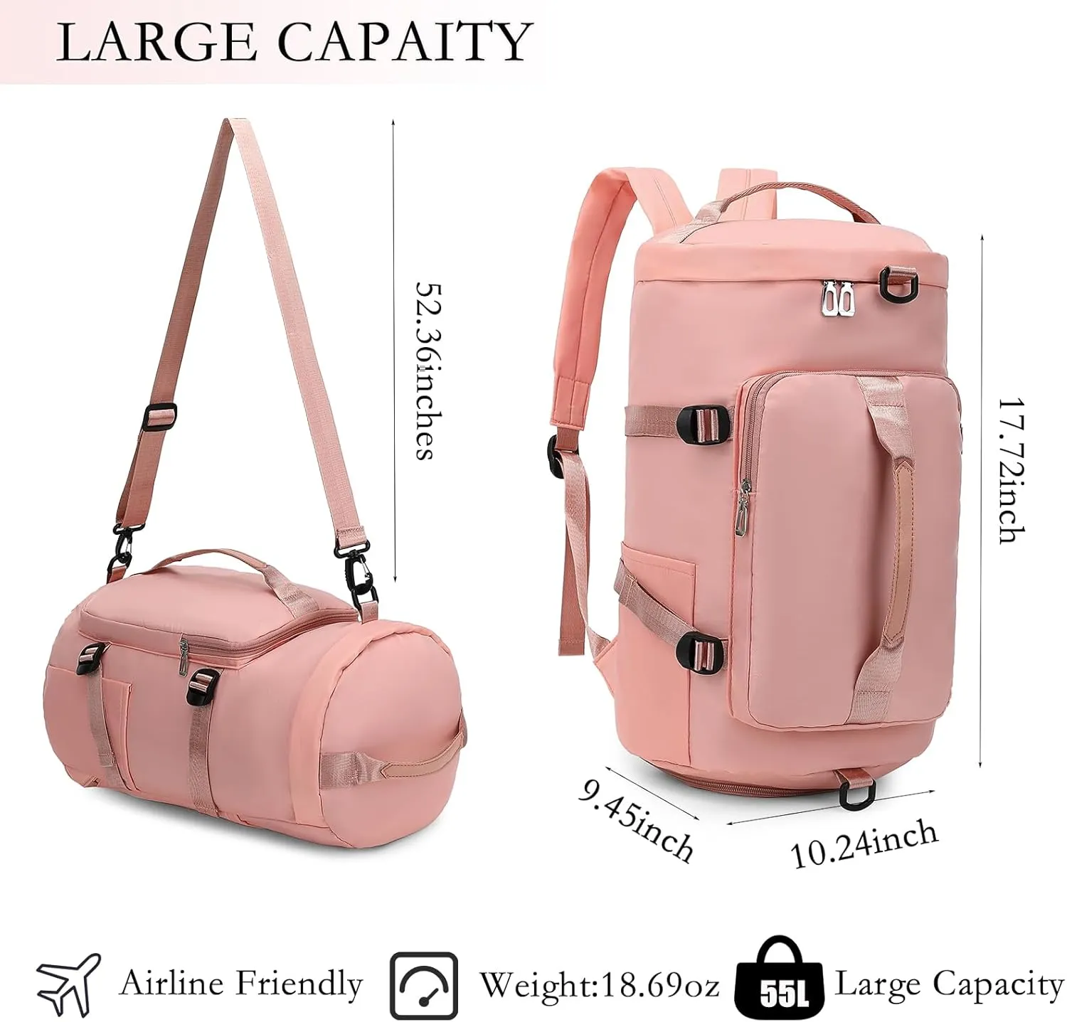 FAIME Gym Bag for Women,Waterproof Duffel Backpack Sports Duffle Bag with Shoes Compartment,Carry On Weekender/Overnight Bag for Travel Yoga Camping (Pink)