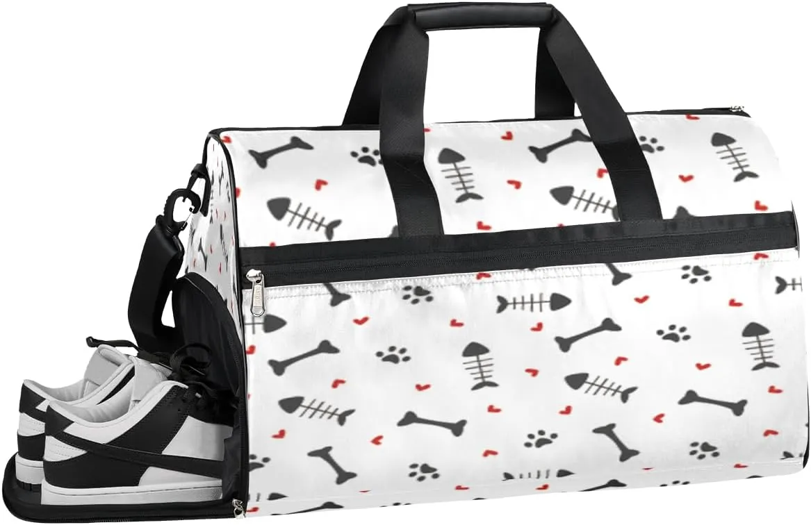 Fish Bones Paw Resistant Sports Gym Bag for Women Men Travel Duffel bag with Wet Pocket & Shoes Compartment Waterproof Weekender Bag 19.7"x9.9"x13"