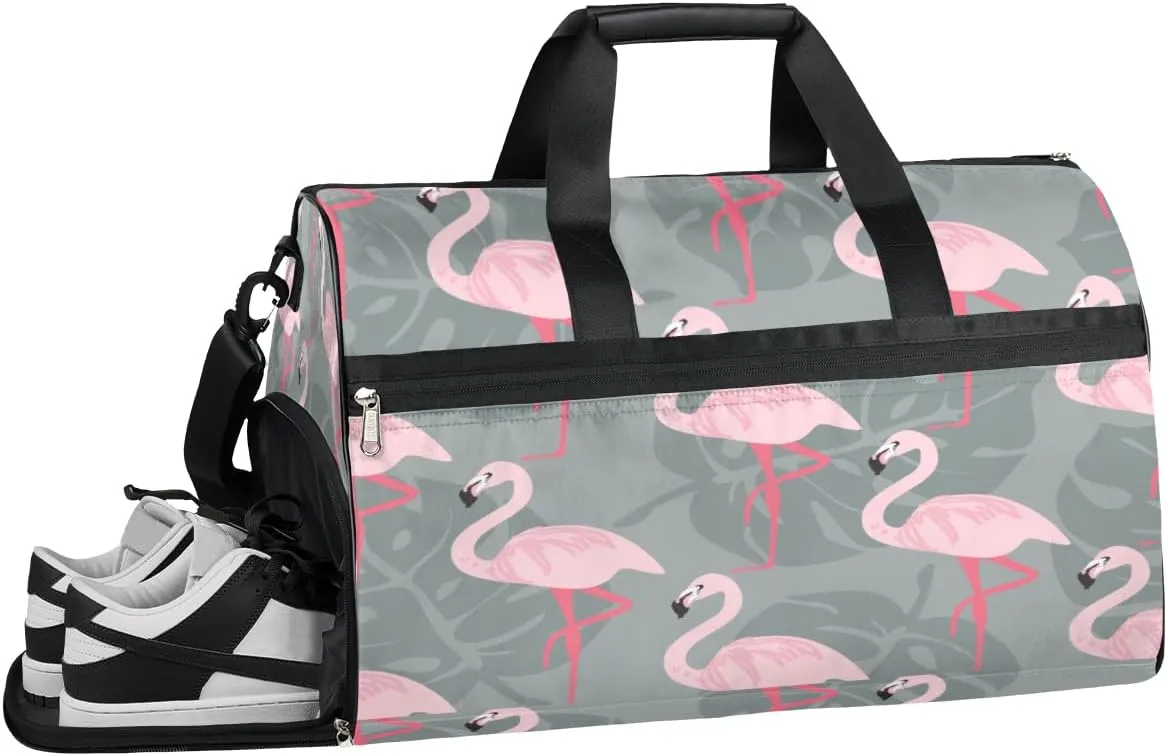 Flamingo Palm Leaves Resistant Sports Gym Bag for Women Men Travel Duffel bag with Wet Pocket & Shoes Compartment Waterproof Weekender Bag 19.7"x9.9"x13"
