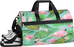 Flamingos Palm Leaves Flowers Resistant Sports Gym Bag for Women Men Travel Duffel bag with Wet Pocket & Shoes Compartment Waterproof Weekender Bag 19.7"x9.9"x13"
