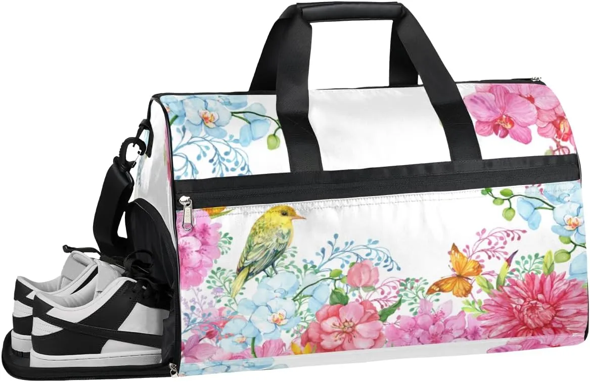 Floral Butterflies Bird Sports Gym Bag with Wet Pocket & Shoes Compartment Waterproof Workout Duffel Bag for Women and Men Weekender Overnight Duffle Bag Travel Carry-on Tote