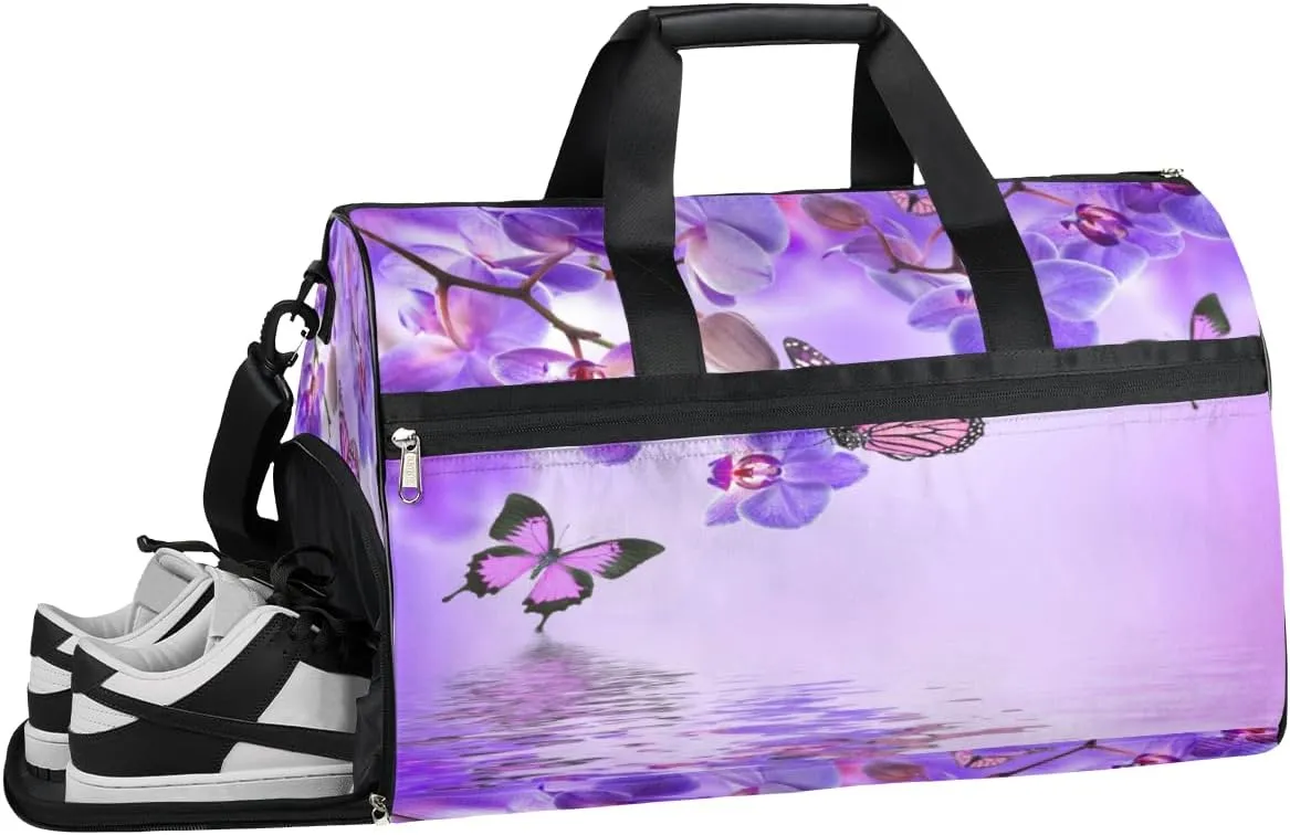 Floral Butterfly Sports Gym Bag with Wet Pocket & Shoes Compartment Waterproof Workout Duffel Bag for Women and Men Weekender Overnight Duffle Bag Travel Carry-on Tote