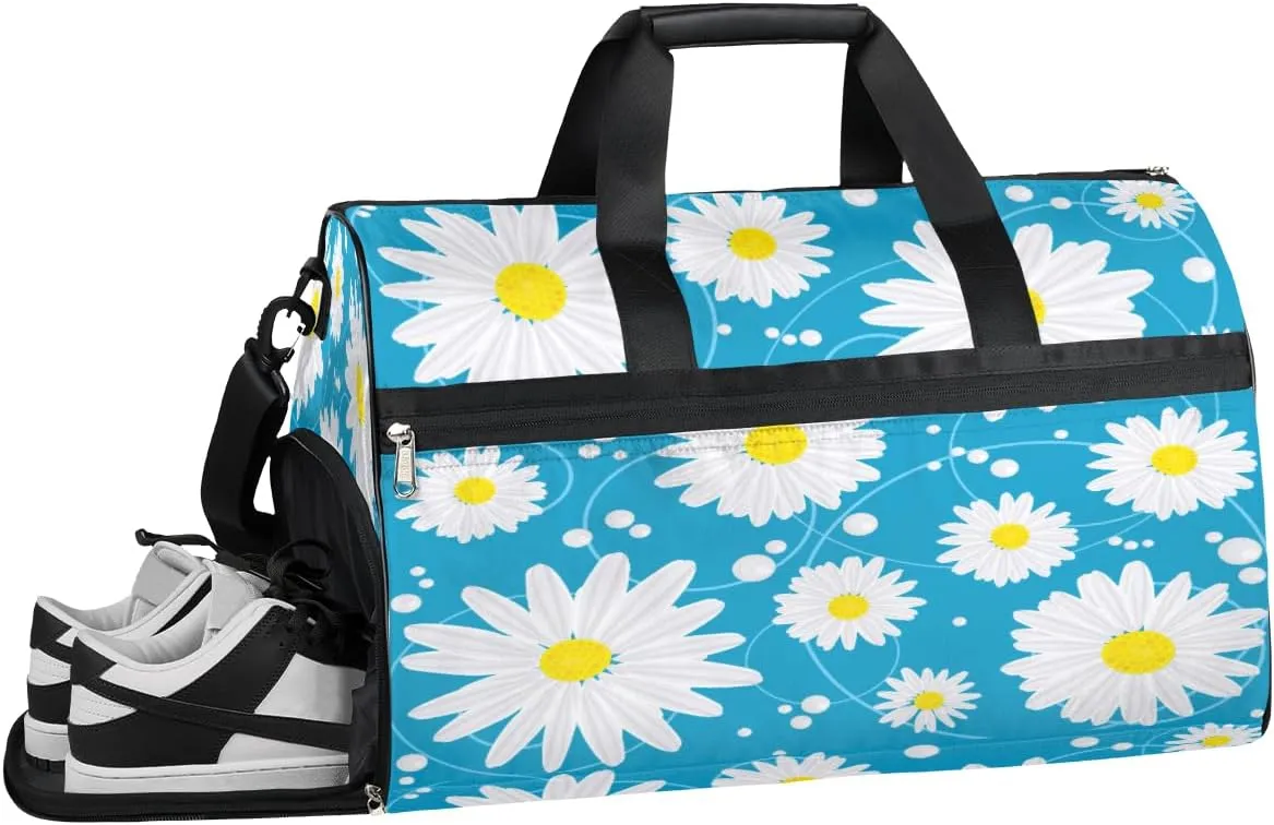 Floral Flower Daisy Prints Resistant Sports Gym Bag for Women Men Travel Duffel bag with Wet Pocket & Shoes Compartment Waterproof Weekender Bag 19.7"x9.9"x13"