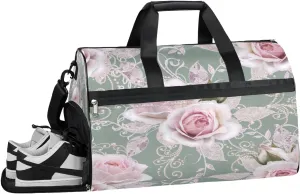 Floral Flower Rose Pearls Resistant Sports Gym Bag for Women Men Travel Duffel bag with Wet Pocket & Shoes Compartment Waterproof Weekender Bag 19.7"x9.9"x13"