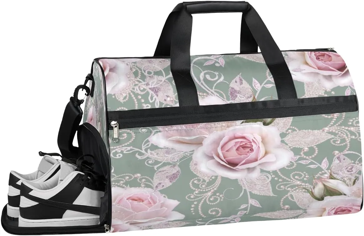 Floral Flower Rose Pearls Resistant Sports Gym Bag for Women Men Travel Duffel bag with Wet Pocket & Shoes Compartment Waterproof Weekender Bag 19.7"x9.9"x13"