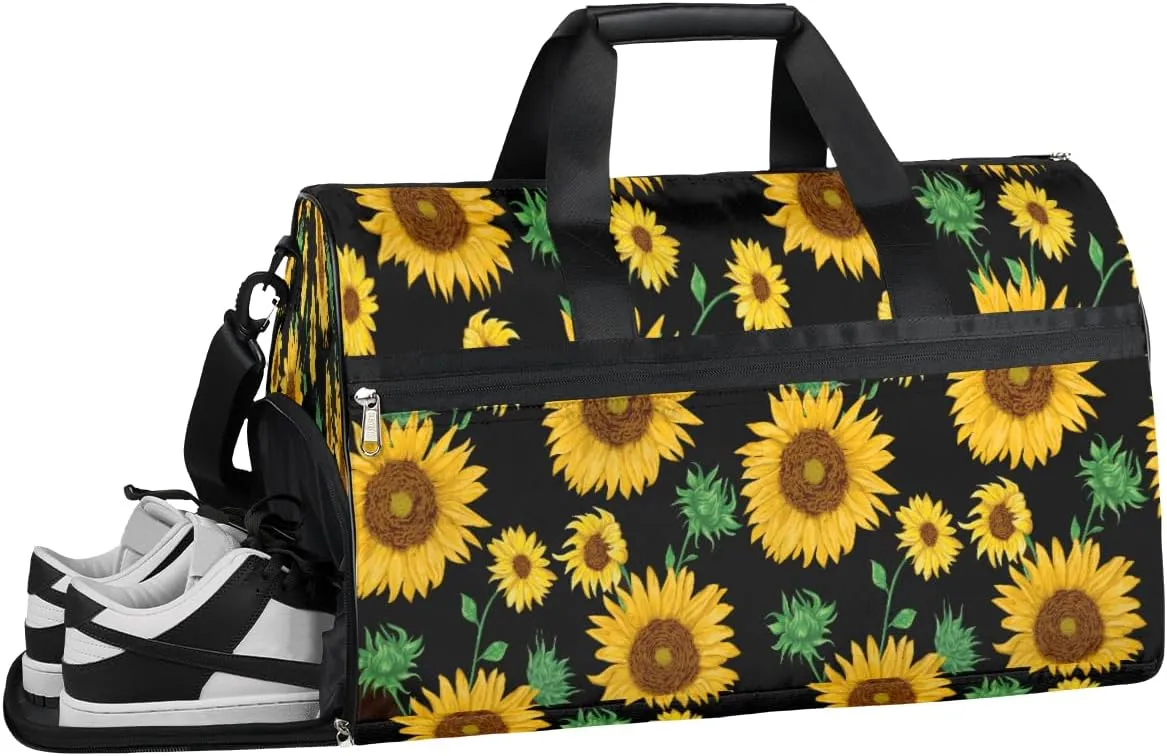 Floral Flower Sunflower Resistant Sports Gym Bag for Women Men Travel Duffel bag with Wet Pocket & Shoes Compartment Waterproof Weekender Bag 19.7"x9.9"x13"