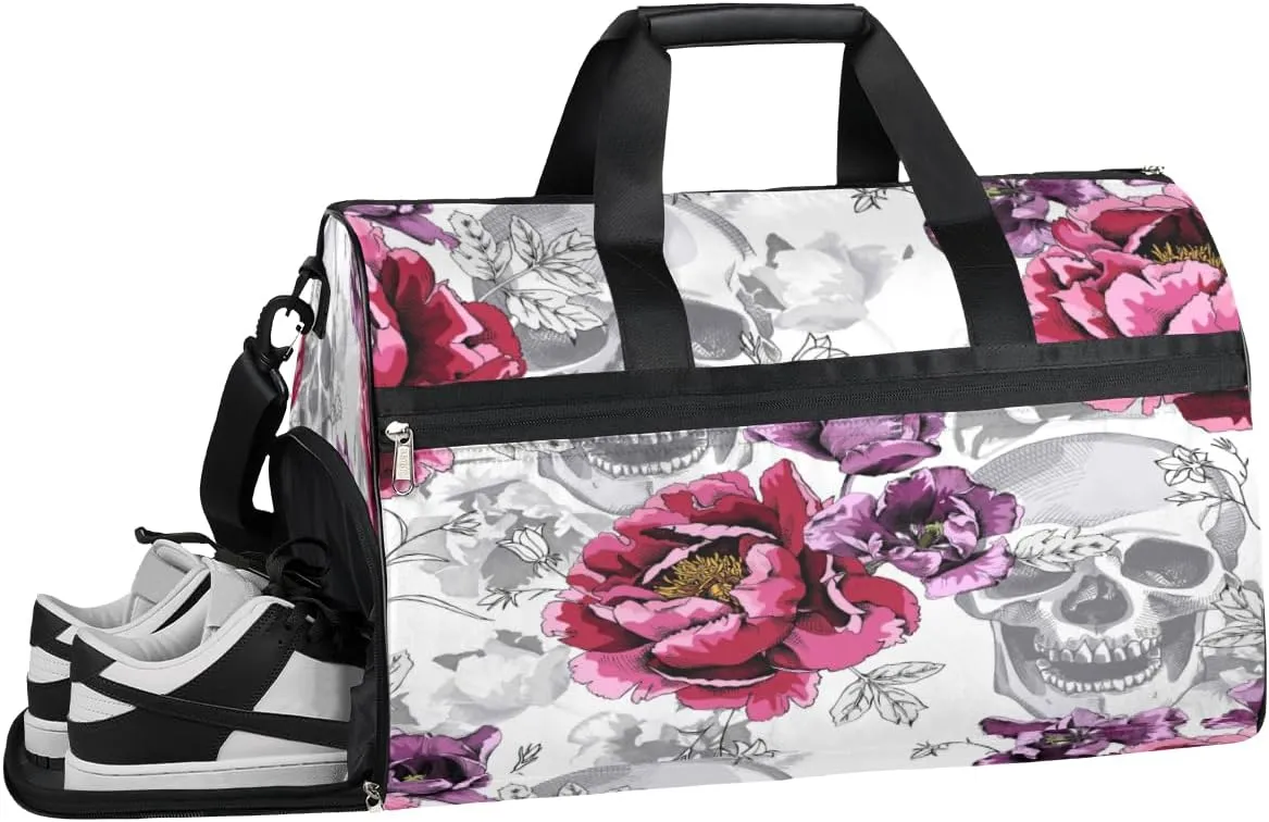 Floral Flowers Skulls Sports Gym Bag with Wet Pocket & Shoes Compartment Waterproof Workout Duffel Bag for Women and Men Weekender Overnight Duffle Bag Travel Carry-on Tote