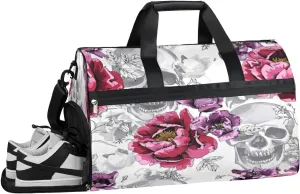 Floral Flowers Skulls Sports Gym Bag with Wet Pocket & Shoes Compartment Waterproof Workout Duffel Bag for Women and Men Weekender Overnight Duffle Bag Travel Carry-on Tote
