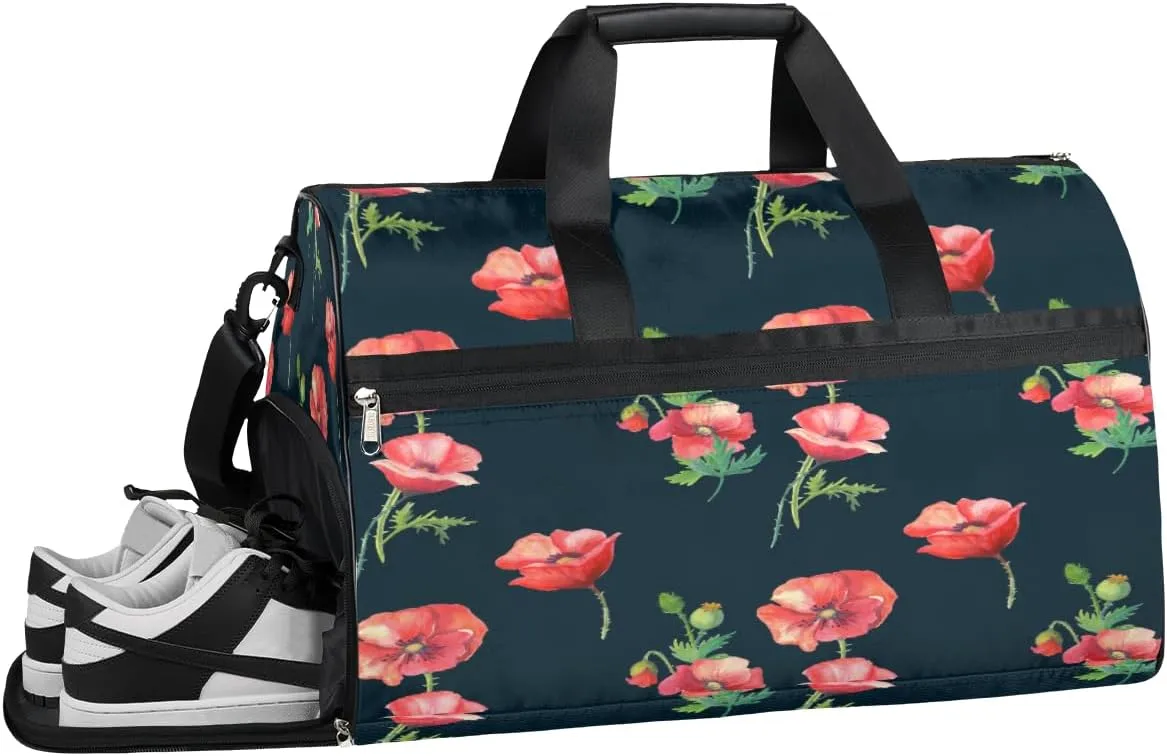Floral Poppy Pattern Resistant Sports Gym Bag for Women Men Travel Duffel bag with Wet Pocket & Shoes Compartment Waterproof Weekender Bag 19.7"x9.9"x13"