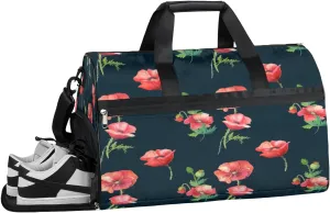 Floral Poppy Pattern Resistant Sports Gym Bag for Women Men Travel Duffel bag with Wet Pocket & Shoes Compartment Waterproof Weekender Bag 19.7"x9.9"x13"