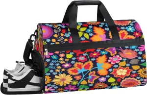Floral Poppy Sunflower Resistant Sports Gym Bag for Women Men Travel Duffel bag with Wet Pocket & Shoes Compartment Waterproof Weekender Bag 19.7"x9.9"x13"