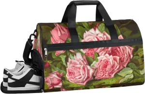 Floral Rose Flower Resistant Sports Gym Bag for Women Men Travel Duffel bag with Wet Pocket & Shoes Compartment Waterproof Weekender Bag 19.7"x9.9"x13"