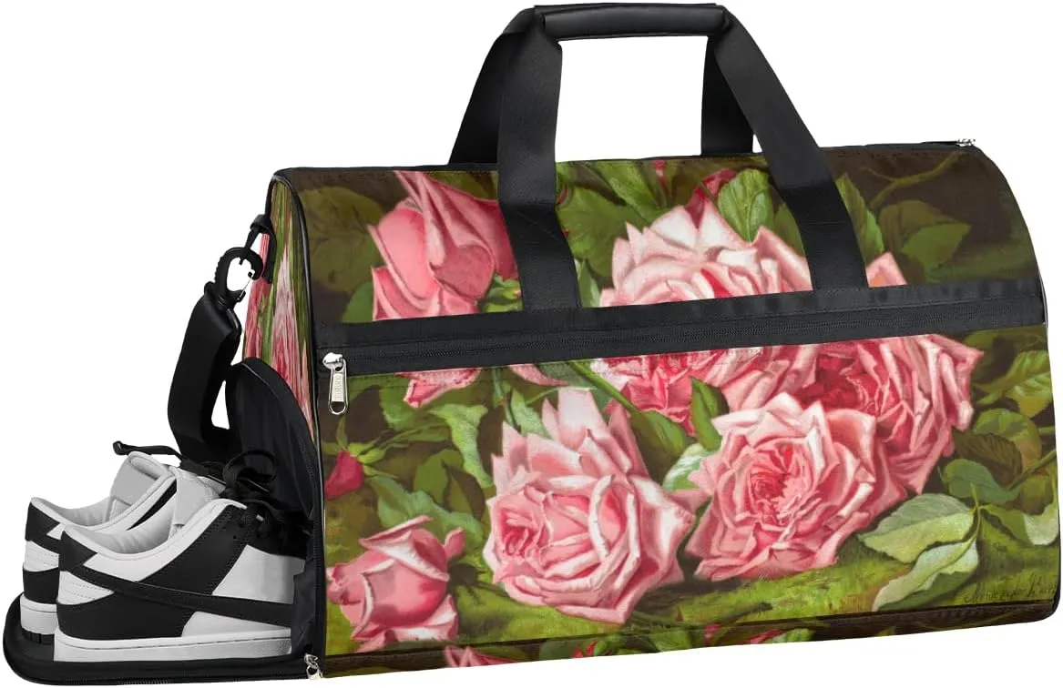 Floral Rose Flower Resistant Sports Gym Bag for Women Men Travel Duffel bag with Wet Pocket & Shoes Compartment Waterproof Weekender Bag 19.7"x9.9"x13"