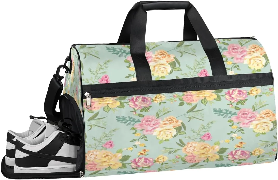 Floral Roses Leaves Resistant Sports Gym Bag for Women Men Travel Duffel bag with Wet Pocket & Shoes Compartment Waterproof Weekender Bag 19.7"x9.9"x13"