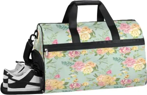 Floral Roses Leaves Resistant Sports Gym Bag for Women Men Travel Duffel bag with Wet Pocket & Shoes Compartment Waterproof Weekender Bag 19.7"x9.9"x13"