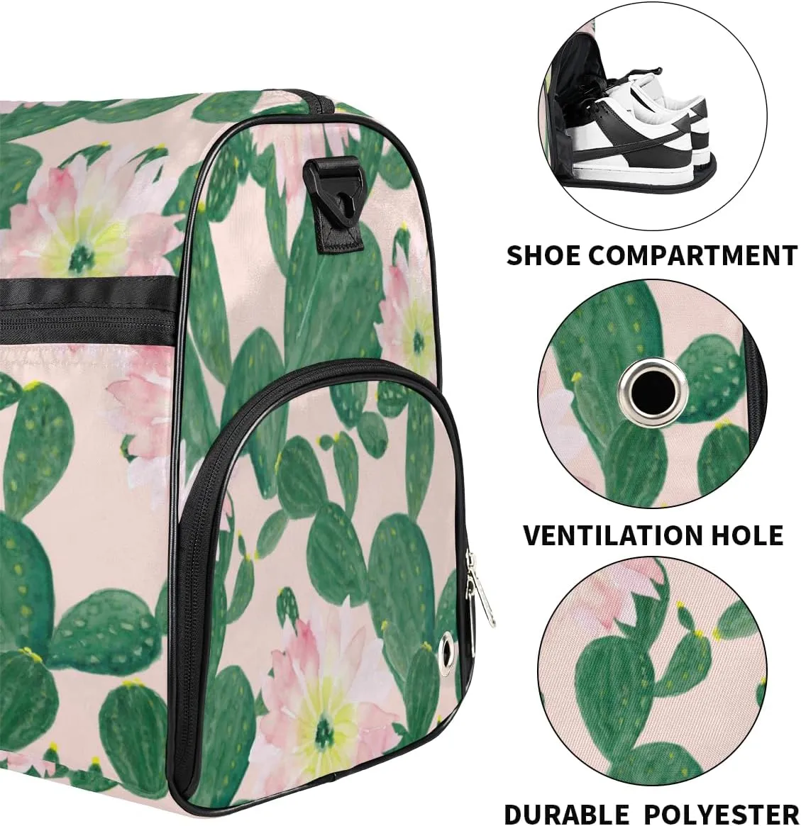 Flower Cactus Sports Gym Bag for Women Men Travel Duffel Bag with Wet Pocket & Shoes Compartment Waterproof Weekender Overnight Tote Carry on Bag Lightweight