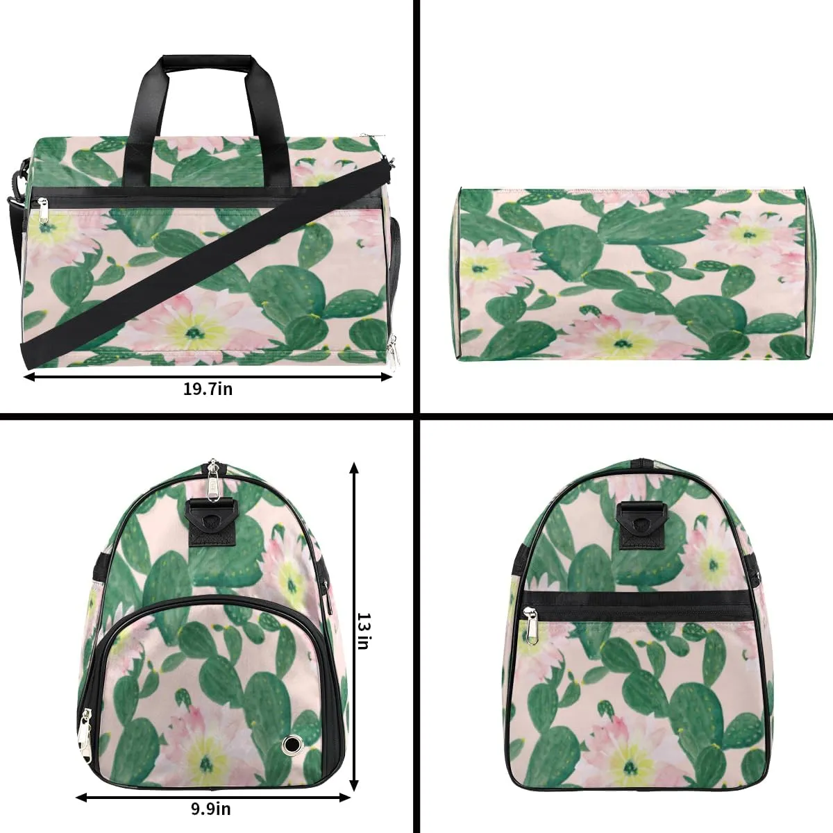 Flower Cactus Sports Gym Bag for Women Men Travel Duffel Bag with Wet Pocket & Shoes Compartment Waterproof Weekender Overnight Tote Carry on Bag Lightweight