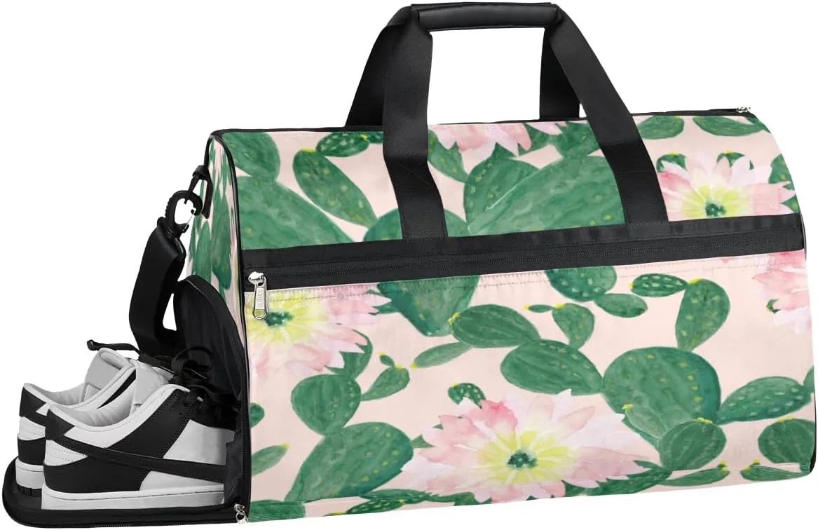 Flower Cactus Sports Gym Bag for Women Men Travel Duffel Bag with Wet Pocket & Shoes Compartment Waterproof Weekender Overnight Tote Carry on Bag Lightweight