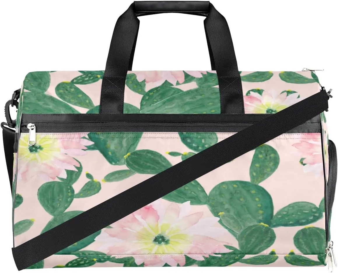 Flower Cactus Sports Gym Bag for Women Men Travel Duffel Bag with Wet Pocket & Shoes Compartment Waterproof Weekender Overnight Tote Carry on Bag Lightweight